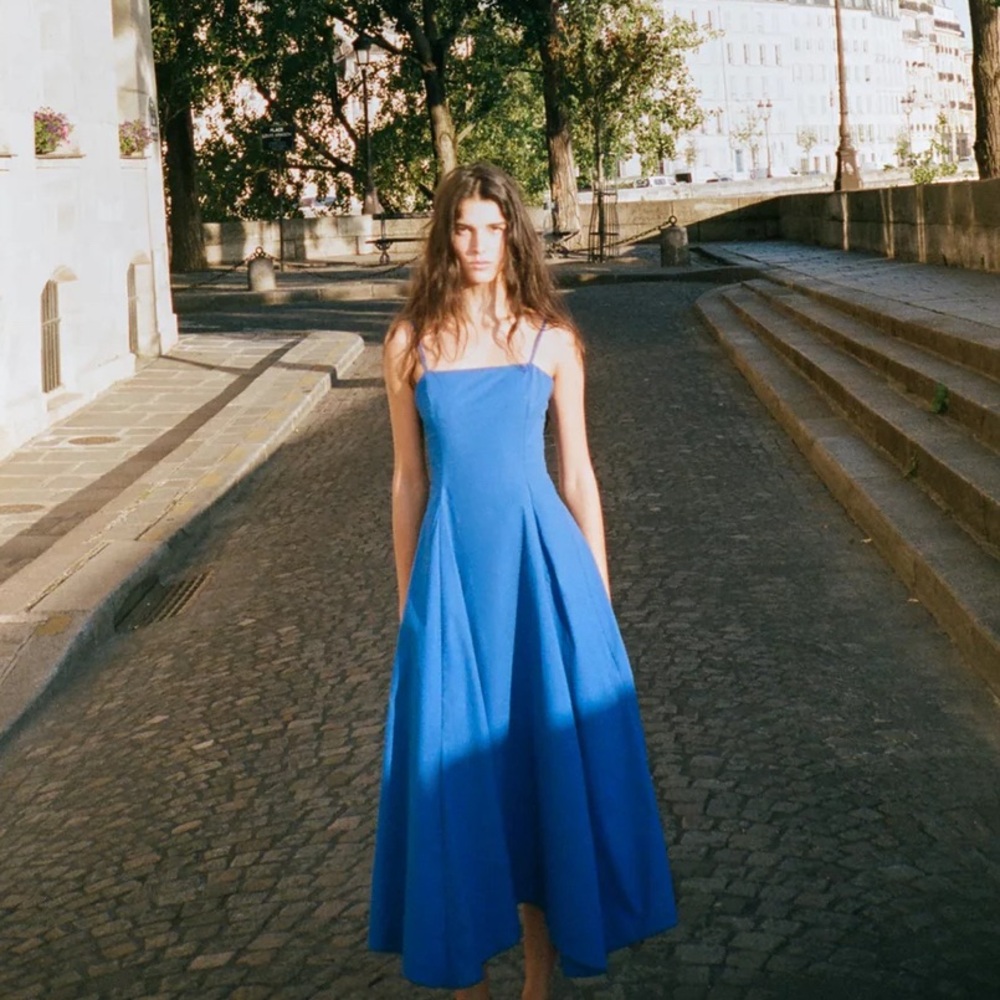 NWT ZARA BLUE ASYMMETRIC POPLIN MIDI DRESS SIZE XS